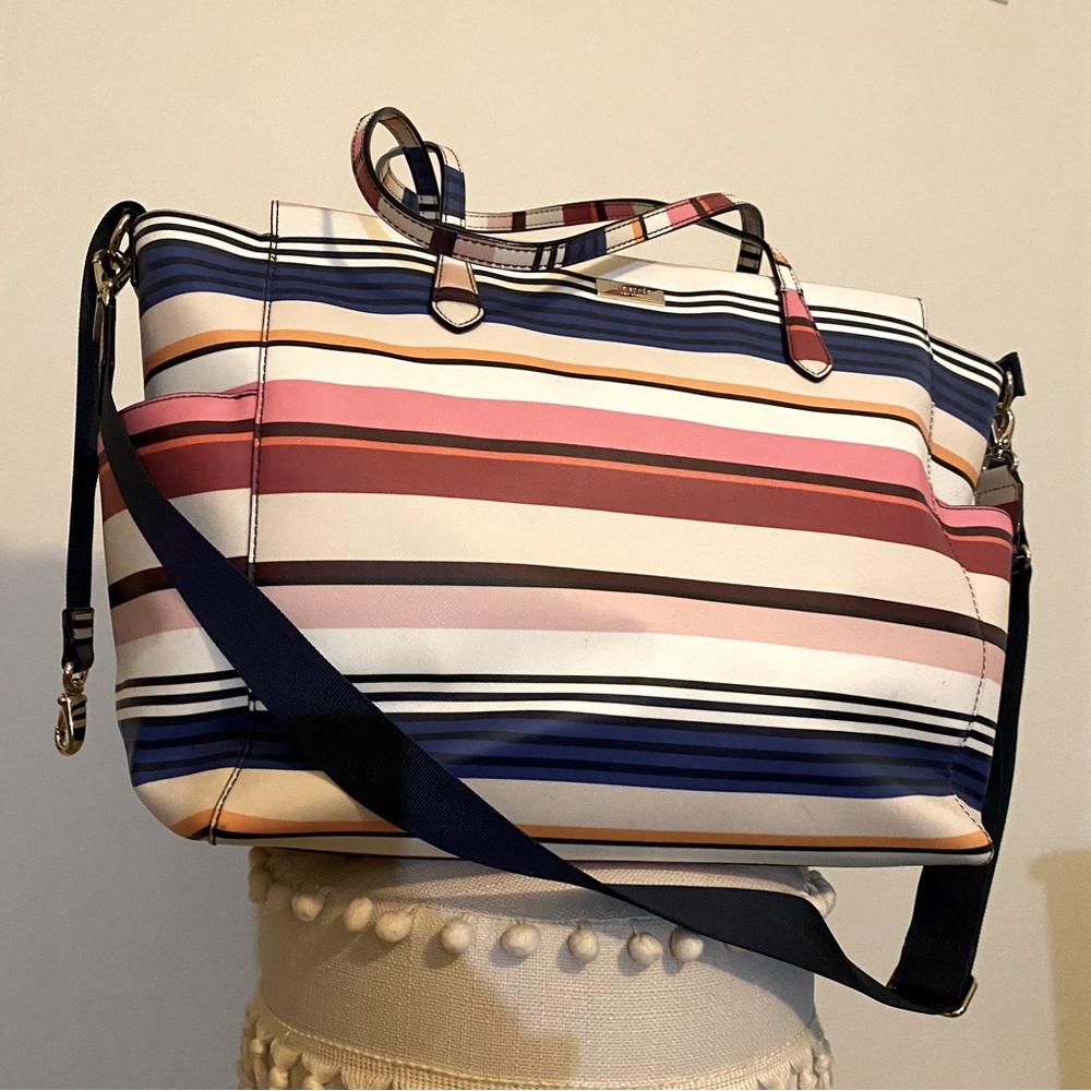 Kate Spade New York large diaper bag pink blue red cream stripes changing pad